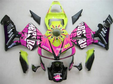 Best 2003-2004 Honda CBR600RR Motorcycle Fairings - Yellow Pink Glossy Black Valentino Rossi