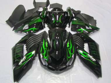 Best 2006-2011 Kawasaki ZX14R ZZR1400 Motorcycle Fairings - Glossy Black Green Flame