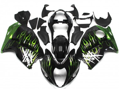 Best 1996-2007 Suzuki GSXR 1300 Motorcycle Fairings - Glossy Black with Deep Green Flame