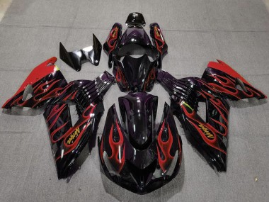 Best 2006-2011 Kawasaki ZX14R Motorcycle Fairings - Glossy Black Red Flame Gold Ninja