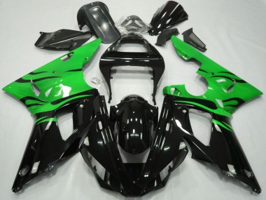 Best 2000-2001 Yamaha R1 Motorcycle Fairings - Green Glossy Black Flame