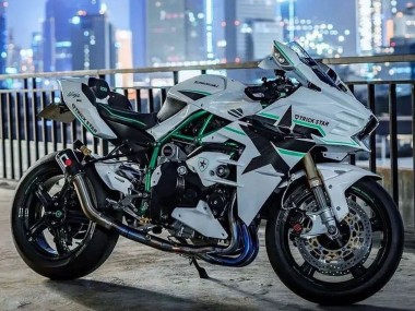 Best 2015-2022 Kawasaki Ninja H2 Motorcycle Fairings - White with Green Lines
