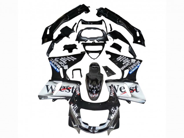 1993-2007 Kawasaki ZZR400 Motorcycle Fairings - Glossy Black White West