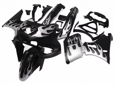Best 1993-2007 Kawasaki ZZR400 Motorcycle Fairings - Glossy Black Silver Flame