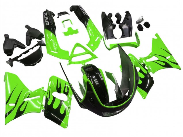 1998-2003 Kawasaki ZZR600 Motorcycle Fairings - Green Glossy Black Flame