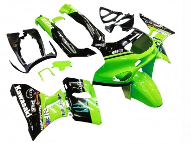 Best 1993-2007 Kawasaki ZZR400 Motorcycle Fairings - Green Glossy Black Blue Monster Elf Touch4 Bridgestone