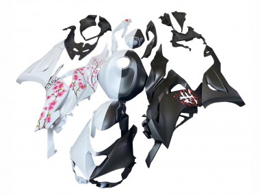 Best 2023-2025 Kawasaki ZX6R Motorcycle Fairings - Black White with Flower