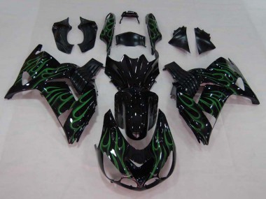Best 2006-2011 Kawasaki ZX14R ZZR1400 Motorcycle Fairing - Glossy Black Green Flame