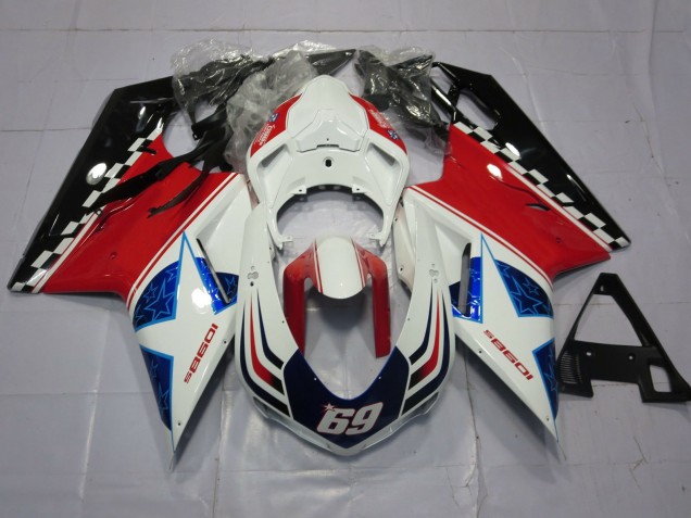 69 White and Red 2007-2014 Ducati 848 1098 1198 Motorcycle Fairings