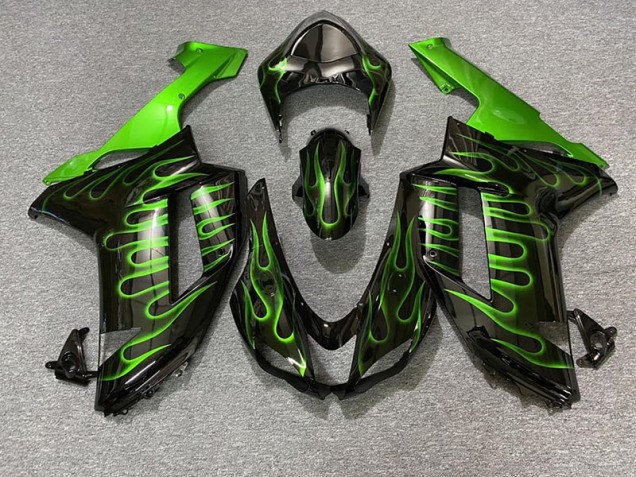 Gloss Black & Green Flame 2007-2008 ZX6R Motorcycle Fairings