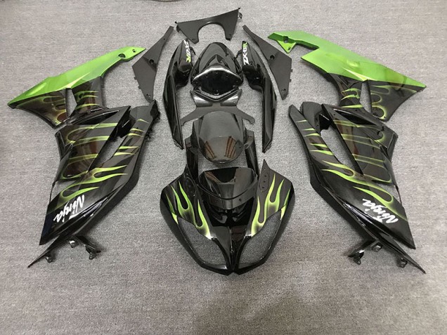 Gloss Black & Green Flame 2009-2012 ZX6R Motorcycle Fairings
