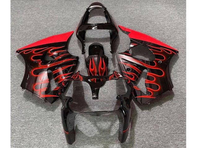 Gloss Black & Red Flame 2000-2002 ZX6R Motorcycle Fairings