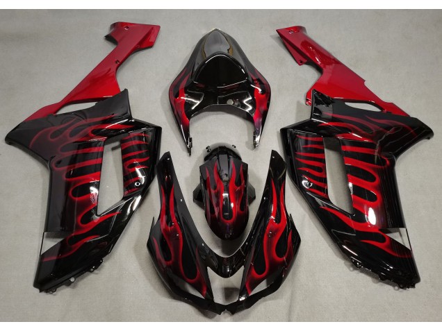 Gloss Black & Red Flame 2007-2008 ZX6R Motorcycle Fairings