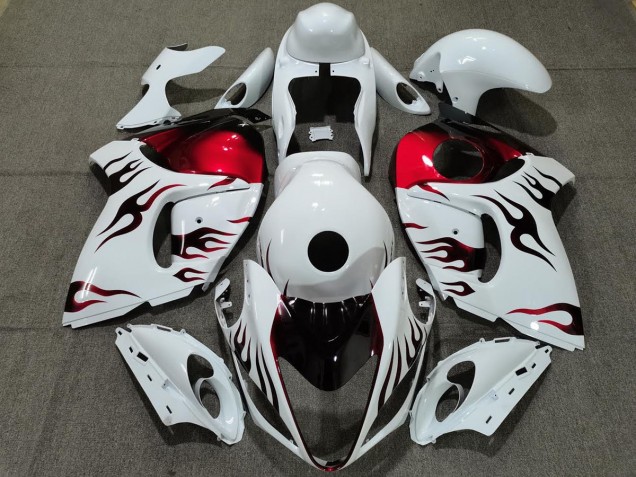 Gloss White & Red Flame 2008-2020 GSXR 1300 Hayabusa Motorcycle Fairings