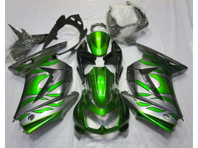 Green and Silver Flame 2008-2012 Ninja 250 Motorcycle Fairings