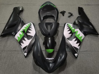 Matte Black and Green Shark 2005-2006 ZX6R Motorcycle Fairings