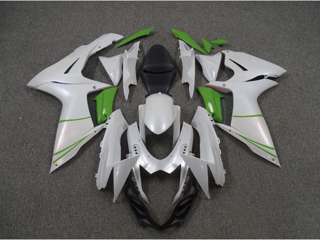 Pearl White and Green 2011-2024 GSXR 600-750 Motorcycle Fairings
