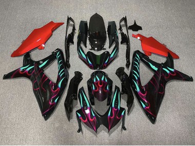 Red and Cyan Flame 2008-2010 GSXR 600-750 Motorcycle Fairings